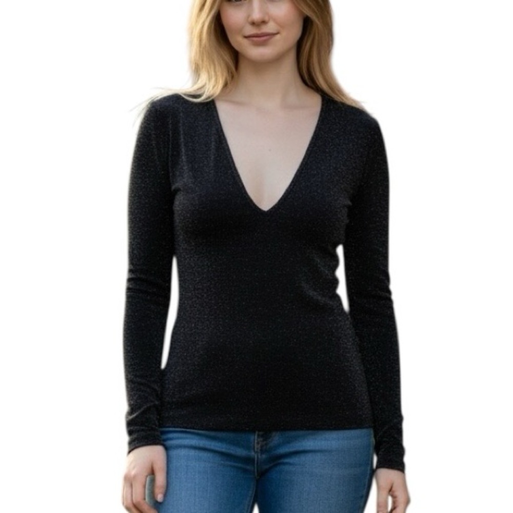 Free People Intimately M/L Black w/ Silver Lurex Deep V Neck Long Sleeve Top
